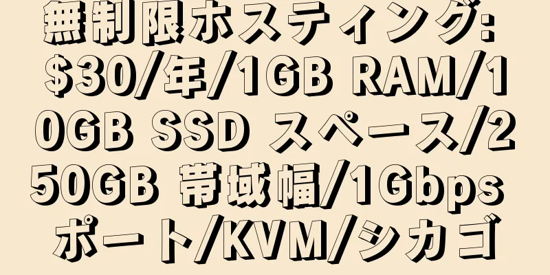 無制限ホスティング: $30/年/1GB RAM/10GB SSD スペース/250GB 帯域幅/1Gbps ポート/KVM/シカゴ