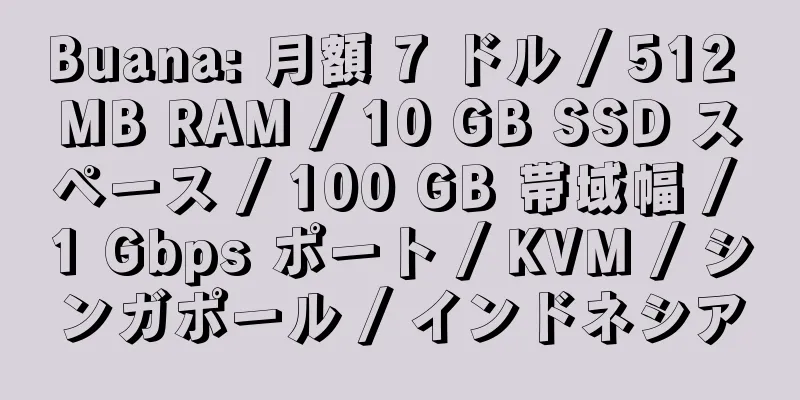 Buana: 月額 7 ドル / 512 MB RAM / 10 GB SSD スペース / 100 GB 帯域幅 / 1 Gbps ポート / KVM / シンガポール / インドネシア