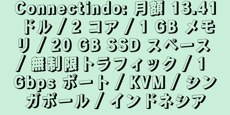 Connectindo: 月額 13.41 ドル / 2 コア / 1 GB メモリ / 20 GB SSD スペース / 無制限トラフィック / 1 Gbps ポート / KVM / シンガポール / インドネシア