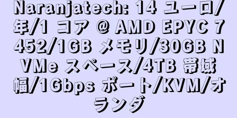 Naranjatech: 14 ユーロ/年/1 コア @ AMD EPYC 7452/1GB メモリ/30GB NVMe スペース/4TB 帯域幅/1Gbps ポート/KVM/オランダ