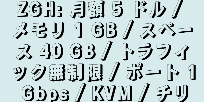 ZGH: 月額 5 ドル / メモリ 1 GB / スペース 40 GB / トラフィック無制限 / ポート 1 Gbps / KVM / チリ