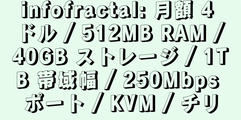 infofractal: 月額 4 ドル / 512MB RAM / 40GB ストレージ / 1TB 帯域幅 / 250Mbps ポート / KVM / チリ