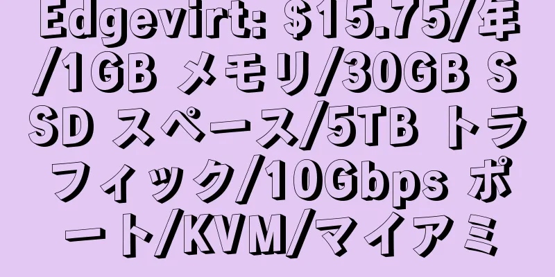 Edgevirt: $15.75/年/1GB メモリ/30GB SSD スペース/5TB トラフィック/10Gbps ポート/KVM/マイアミ