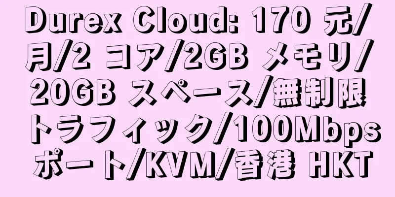 Durex Cloud: 170 元/月/2 コア/2GB メモリ/20GB スペース/無制限トラフィック/100Mbps ポート/KVM/香港 HKT