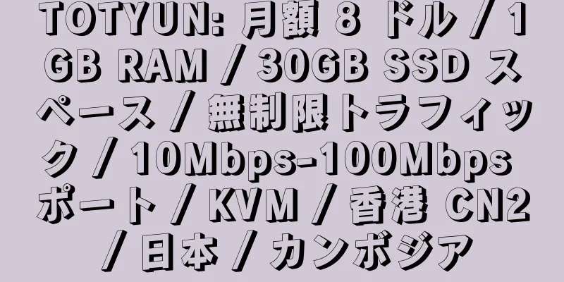 TOTYUN: 月額 8 ドル / 1GB RAM / 30GB SSD スペース / 無制限トラフィック / 10Mbps-100Mbps ポート / KVM / 香港 CN2 / 日本 / カンボジア