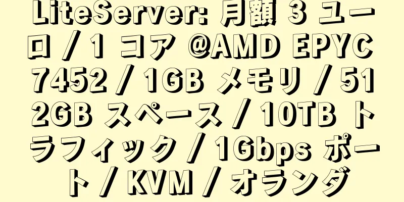 LiteServer: 月額 3 ユーロ / 1 コア @AMD EPYC 7452 / 1GB メモリ / 512GB スペース / 10TB トラフィック / 1Gbps ポート / KVM / オランダ