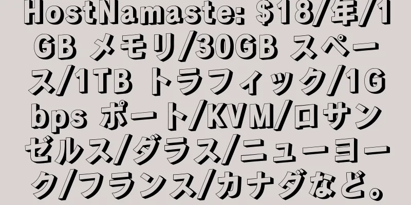 HostNamaste: $18/年/1GB メモリ/30GB スペース/1TB トラフィック/1Gbps ポート/KVM/ロサンゼルス/ダラス/ニューヨーク/フランス/カナダなど。