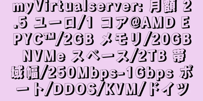 myVirtualserver: 月額 2.5 ユーロ/1 コア@AMD EPYC™/2GB メモリ/20GB NVMe スペース/2TB 帯域幅/250Mbps-1Gbps ポート/DDOS/KVM/ドイツ