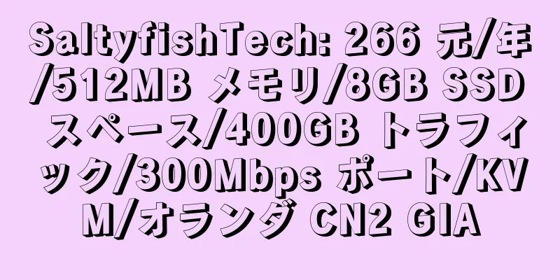 SaltyfishTech: 266 元/年/512MB メモリ/8GB SSD スペース/400GB トラフィック/300Mbps ポート/KVM/オランダ CN2 GIA