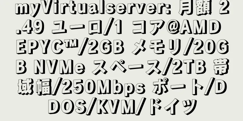 myVirtualserver: 月額 2.49 ユーロ/1 コア@AMD EPYC™/2GB メモリ/20GB NVMe スペース/2TB 帯域幅/250Mbps ポート/DDOS/KVM/ドイツ