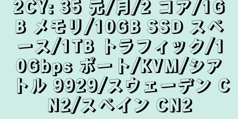 2CY: 35 元/月/2 コア/1GB メモリ/10GB SSD スペース/1TB トラフィック/10Gbps ポート/KVM/シアトル 9929/スウェーデン CN2/スペイン CN2