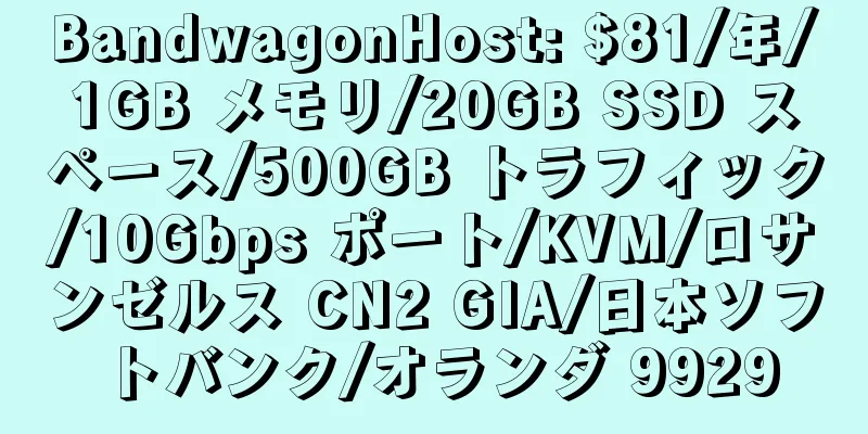 BandwagonHost: $81/年/1GB メモリ/20GB SSD スペース/500GB トラフィック/10Gbps ポート/KVM/ロサンゼルス CN2 GIA/日本ソフトバンク/オランダ 9929