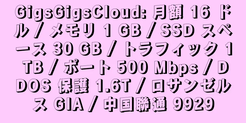 GigsGigsCloud: 月額 16 ドル / メモリ 1 GB / SSD スペース 30 GB / トラフィック 1 TB / ポート 500 Mbps / DDOS 保護 1.6T / ロサンゼルス GIA / 中国聯通 9929