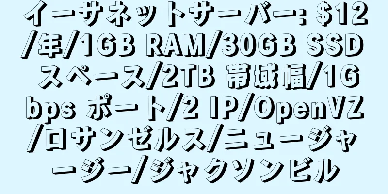 イーサネットサーバー: $12/年/1GB RAM/30GB SSD スペース/2TB 帯域幅/1Gbps ポート/2 IP/OpenVZ/ロサンゼルス/ニュージャージー/ジャクソンビル