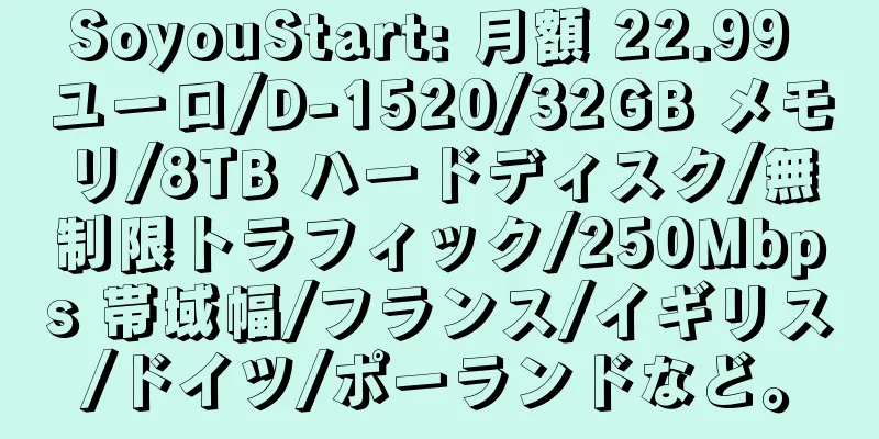 SoyouStart: 月額 22.99 ユーロ/D-1520/32GB メモリ/8TB ハードディスク/無制限トラフィック/250Mbps 帯域幅/フランス/イギリス/ドイツ/ポーランドなど。