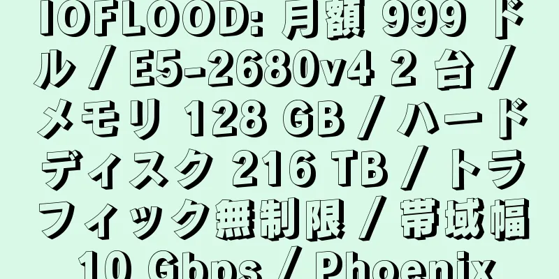 IOFLOOD: 月額 999 ドル / E5-2680v4 2 台 / メモリ 128 GB / ハードディスク 216 TB / トラフィック無制限 / 帯域幅 10 Gbps / Phoenix