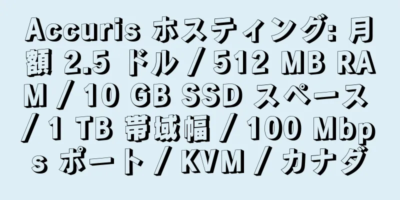 Accuris ホスティング: 月額 2.5 ドル / 512 MB RAM / 10 GB SSD スペース / 1 TB 帯域幅 / 100 Mbps ポート / KVM / カナダ