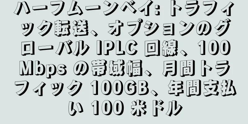 ハーフムーンベイ: トラフィック転送、オプションのグローバル IPLC 回線、100Mbps の帯域幅、月間トラフィック 100GB、年間支払い 100 米ドル