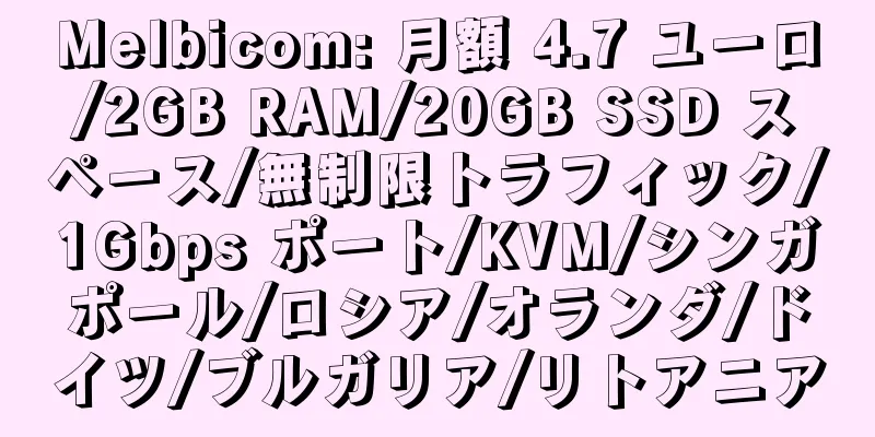 Melbicom: 月額 4.7 ユーロ/2GB RAM/20GB SSD スペース/無制限トラフィック/1Gbps ポート/KVM/シンガポール/ロシア/オランダ/ドイツ/ブルガリア/リトアニア