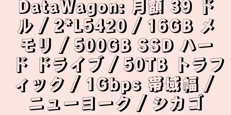 DataWagon: 月額 39 ドル / 2*L5420 / 16GB メモリ / 500GB SSD ハード ドライブ / 50TB トラフィック / 1Gbps 帯域幅 / ニューヨーク / シカゴ