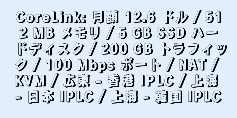 CoreLink: 月額 12.6 ドル / 512 MB メモリ / 5 GB SSD ハードディスク / 200 GB トラフィック / 100 Mbps ポート / NAT / KVM / 広東 - 香港 IPLC / 上海 - 日本 IPLC / 上海 - 韓国 IPLC