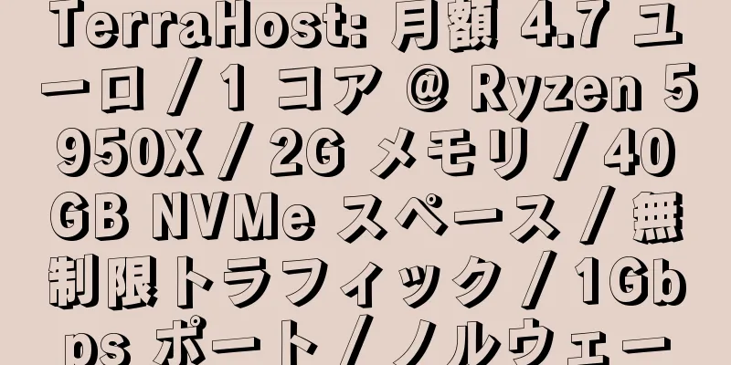 TerraHost: 月額 4.7 ユーロ / 1 コア @ Ryzen 5950X / 2G メモリ / 40GB NVMe スペース / 無制限トラフィック / 1Gbps ポート / ノルウェー