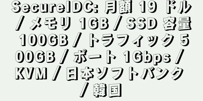 SecureIDC: 月額 19 ドル / メモリ 1GB / SSD 容量 100GB / トラフィック 500GB / ポート 1Gbps / KVM / 日本ソフトバンク / 韓国