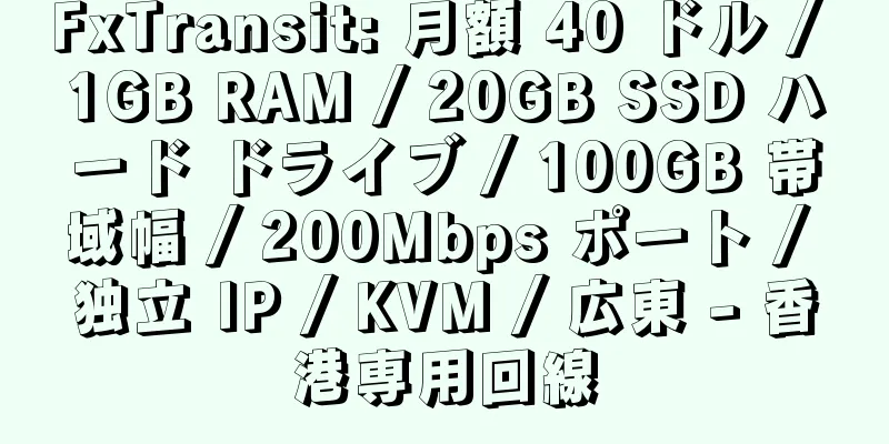 FxTransit: 月額 40 ドル / 1GB RAM / 20GB SSD ハード ドライブ / 100GB 帯域幅 / 200Mbps ポート / 独立 IP / KVM / 広東 - 香港専用回線