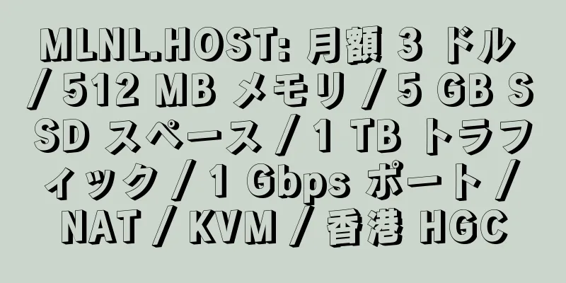 MLNL.HOST: 月額 3 ドル / 512 MB メモリ / 5 GB SSD スペース / 1 TB トラフィック / 1 Gbps ポート / NAT / KVM / 香港 HGC