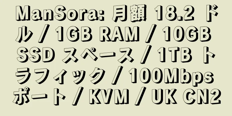 ManSora: 月額 18.2 ドル / 1GB RAM / 10GB SSD スペース / 1TB トラフィック / 100Mbps ポート / KVM / UK CN2