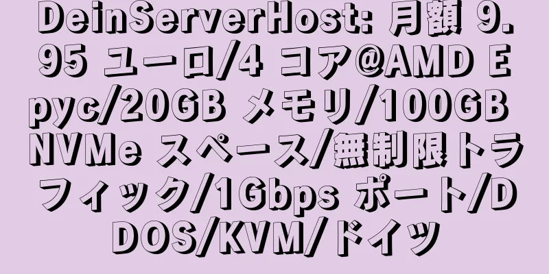 DeinServerHost: 月額 9.95 ユーロ/4 コア@AMD Epyc/20GB メモリ/100GB NVMe スペース/無制限トラフィック/1Gbps ポート/DDOS/KVM/ドイツ