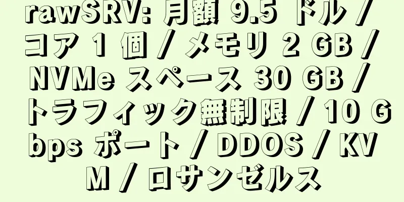 rawSRV: 月額 9.5 ドル / コア 1 個 / メモリ 2 GB / NVMe スペース 30 GB / トラフィック無制限 / 10 Gbps ポート / DDOS / KVM / ロサンゼルス