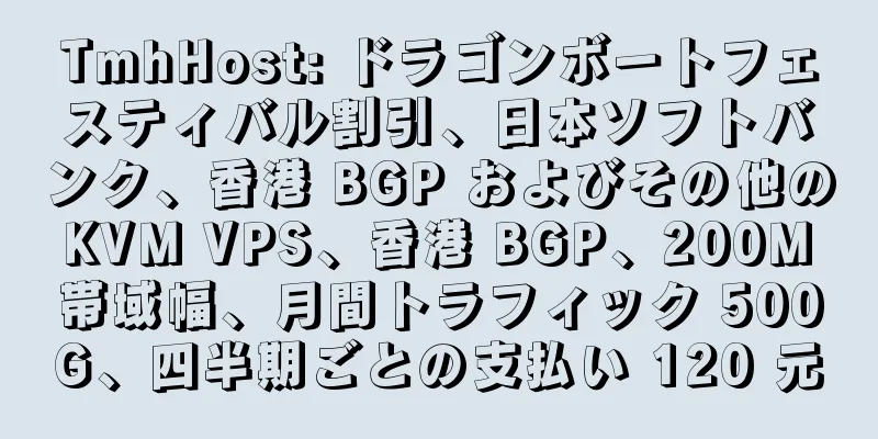 TmhHost: ドラゴンボートフェスティバル割引、日本ソフトバンク、香港 BGP およびその他の KVM VPS、香港 BGP、200M 帯域幅、月間トラフィック 500G、四半期ごとの支払い 120 元