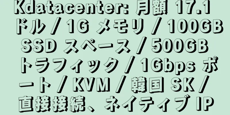 Kdatacenter: 月額 17.1 ドル / 1G メモリ / 100GB SSD スペース / 500GB トラフィック / 1Gbps ポート / KVM / 韓国 SK / 直接接続、ネイティブ IP