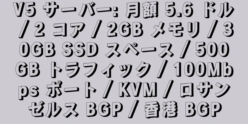 V5 サーバー: 月額 5.6 ドル / 2 コア / 2GB メモリ / 30GB SSD スペース / 500GB トラフィック / 100Mbps ポート / KVM / ロサンゼルス BGP / 香港 BGP