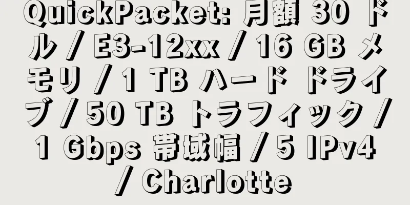 QuickPacket: 月額 30 ドル / E3-12xx / 16 GB メモリ / 1 TB ハード ドライブ / 50 TB トラフィック / 1 Gbps 帯域幅 / 5 IPv4 / Charlotte