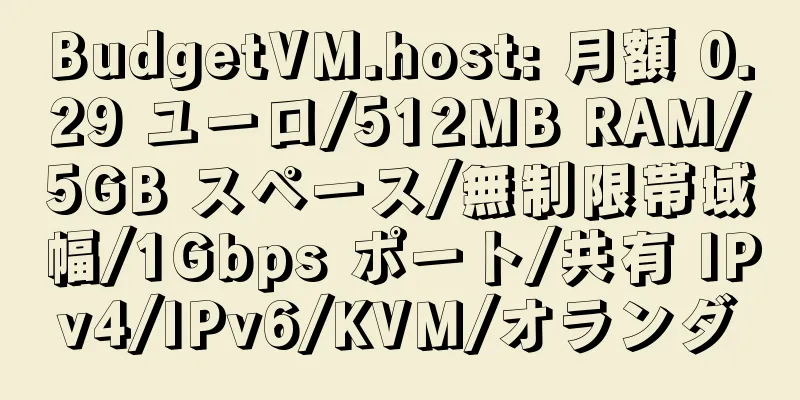 BudgetVM.host: 月額 0.29 ユーロ/512MB RAM/5GB スペース/無制限帯域幅/1Gbps ポート/共有 IPv4/IPv6/KVM/オランダ