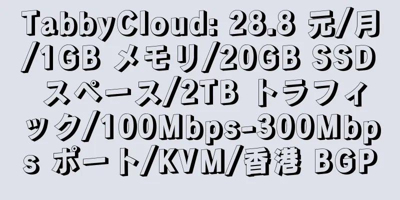 TabbyCloud: 28.8 元/月/1GB メモリ/20GB SSD スペース/2TB トラフィック/100Mbps-300Mbps ポート/KVM/香港 BGP