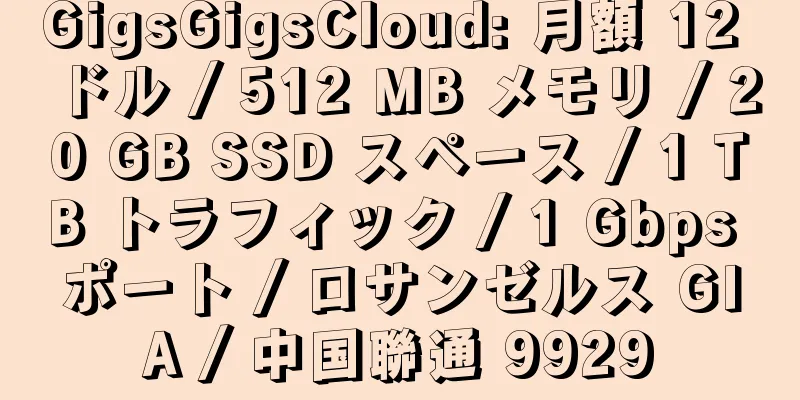 GigsGigsCloud: 月額 12 ドル / 512 MB メモリ / 20 GB SSD スペース / 1 TB トラフィック / 1 Gbps ポート / ロサンゼルス GIA / 中国聯通 9929