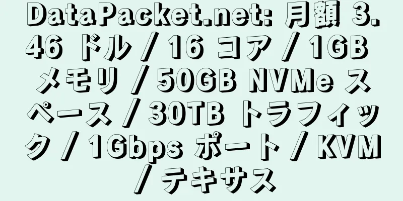 DataPacket.net: 月額 3.46 ドル / 16 コア / 1GB メモリ / 50GB NVMe スペース / 30TB トラフィック / 1Gbps ポート / KVM / テキサス