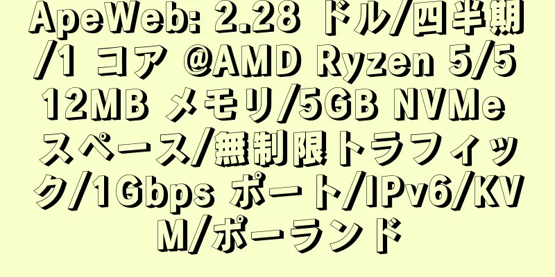 ApeWeb: 2.28 ドル/四半期/1 コア @AMD Ryzen 5/512MB メモリ/5GB NVMe スペース/無制限トラフィック/1Gbps ポート/IPv6/KVM/ポーランド