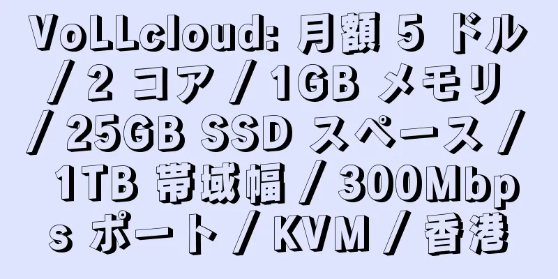 VoLLcloud: 月額 5 ドル / 2 コア / 1GB メモリ / 25GB SSD スペース / 1TB 帯域幅 / 300Mbps ポート / KVM / 香港