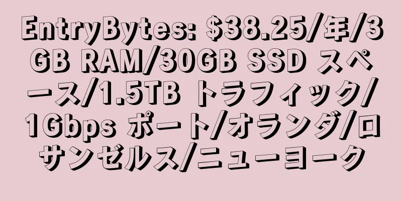 EntryBytes: $38.25/年/3GB RAM/30GB SSD スペース/1.5TB トラフィック/1Gbps ポート/オランダ/ロサンゼルス/ニューヨーク