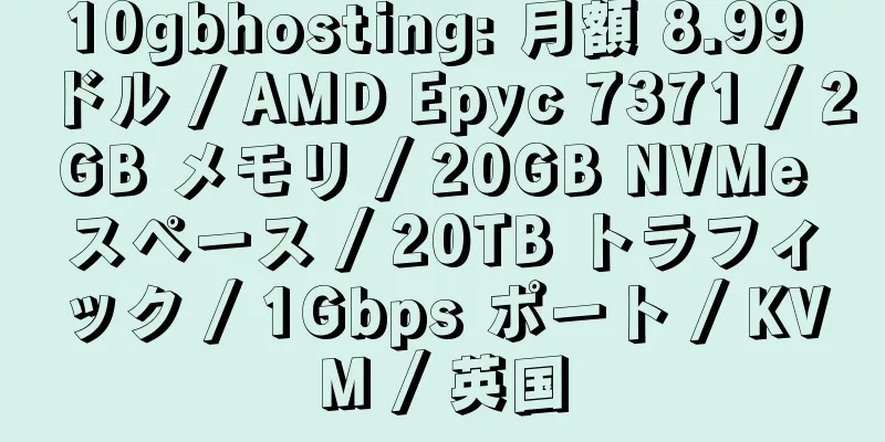 10gbhosting: 月額 8.99 ドル / AMD Epyc 7371 / 2GB メモリ / 20GB NVMe スペース / 20TB トラフィック / 1Gbps ポート / KVM / 英国