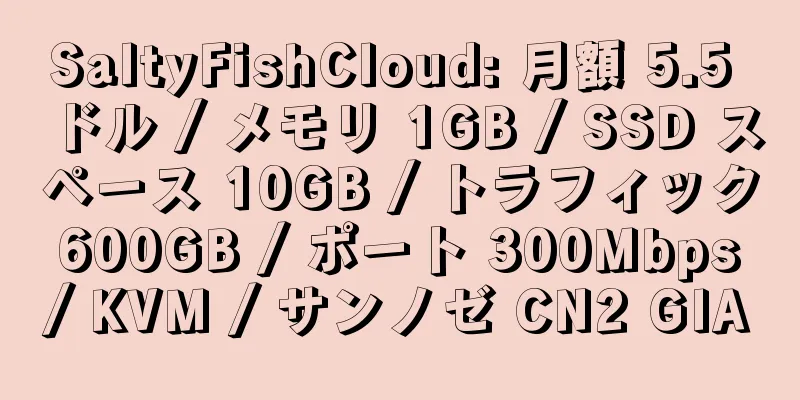 SaltyFishCloud: 月額 5.5 ドル / メモリ 1GB / SSD スペース 10GB / トラフィック 600GB / ポート 300Mbps / KVM / サンノゼ CN2 GIA