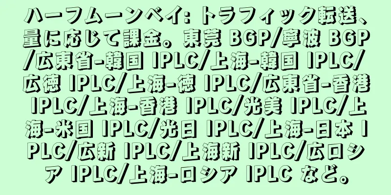 ハーフムーンベイ: トラフィック転送、量に応じて課金。東莞 BGP/寧波 BGP/広東省-韓国 IPLC/上海-韓国 IPLC/広徳 IPLC/上海-徳 IPLC/広東省-香港 IPLC/上海-香港 IPLC/光美 IPLC/上海-米国 IPLC/光日 IPLC/上海-日本 IPLC/広新 IPLC/上海新 IPLC/広ロシア IPLC/上海-ロシア IPLC など。