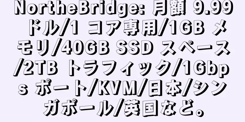 NortheBridge: 月額 9.99 ドル/1 コア専用/1GB メモリ/40GB SSD スペース/2TB トラフィック/1Gbps ポート/KVM/日本/シンガポール/英国など。