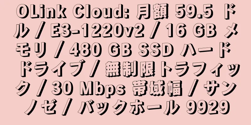 OLink Cloud: 月額 59.5 ドル / E3-1220v2 / 16 GB メモリ / 480 GB SSD ハード ドライブ / 無制限トラフィック / 30 Mbps 帯域幅 / サンノゼ / バックホール 9929