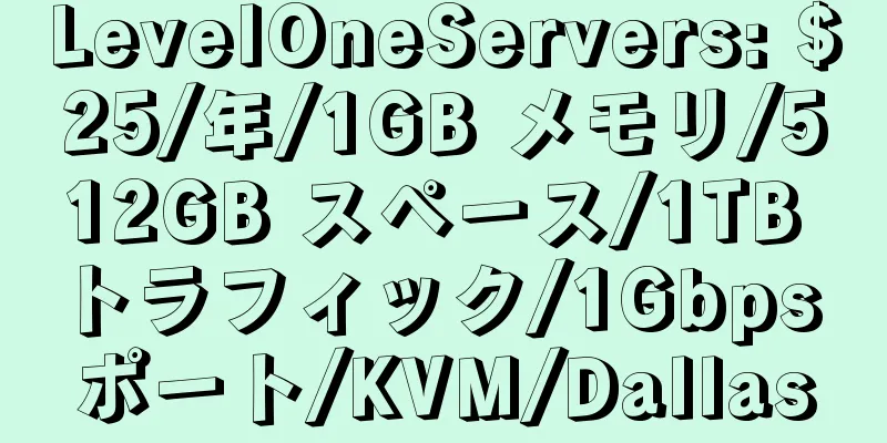 LevelOneServers: $25/年/1GB メモリ/512GB スペース/1TB トラフィック/1Gbps ポート/KVM/Dallas