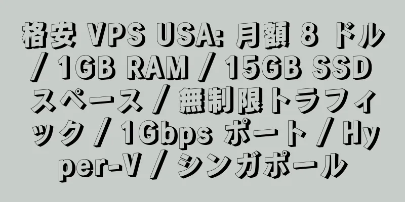 格安 VPS USA: 月額 8 ドル / 1GB RAM / 15GB SSD スペース / 無制限トラフィック / 1Gbps ポート / Hyper-V / シンガポール